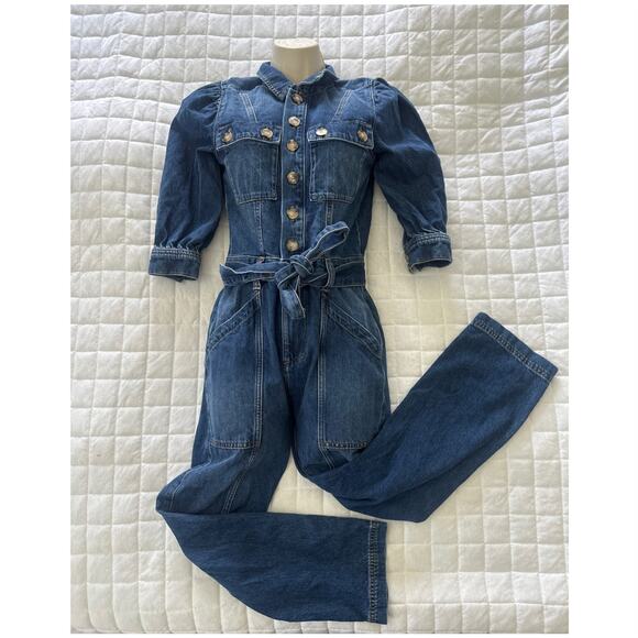 BASH Womens Jumpsuit Denim Dark Wash Belted Bohemian Casual Straight Leg 34 US 2 - Picture 1 of 14